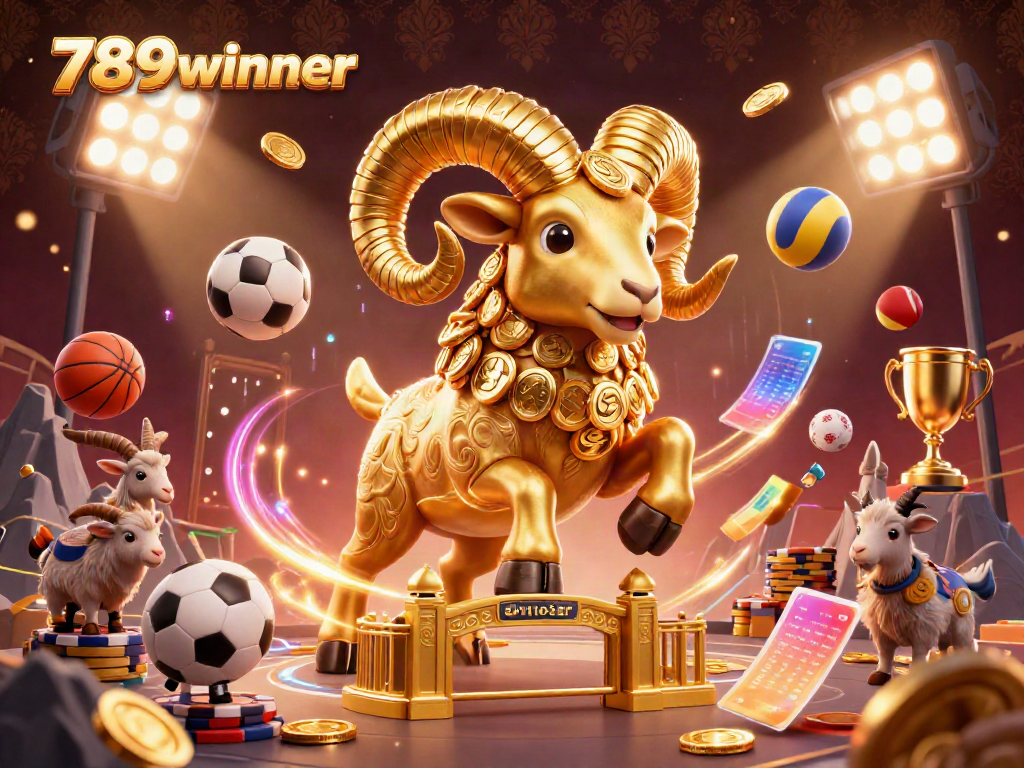Experience the excitement of 789winner with a dynamic scene featuring golden ram characters and casino elements.