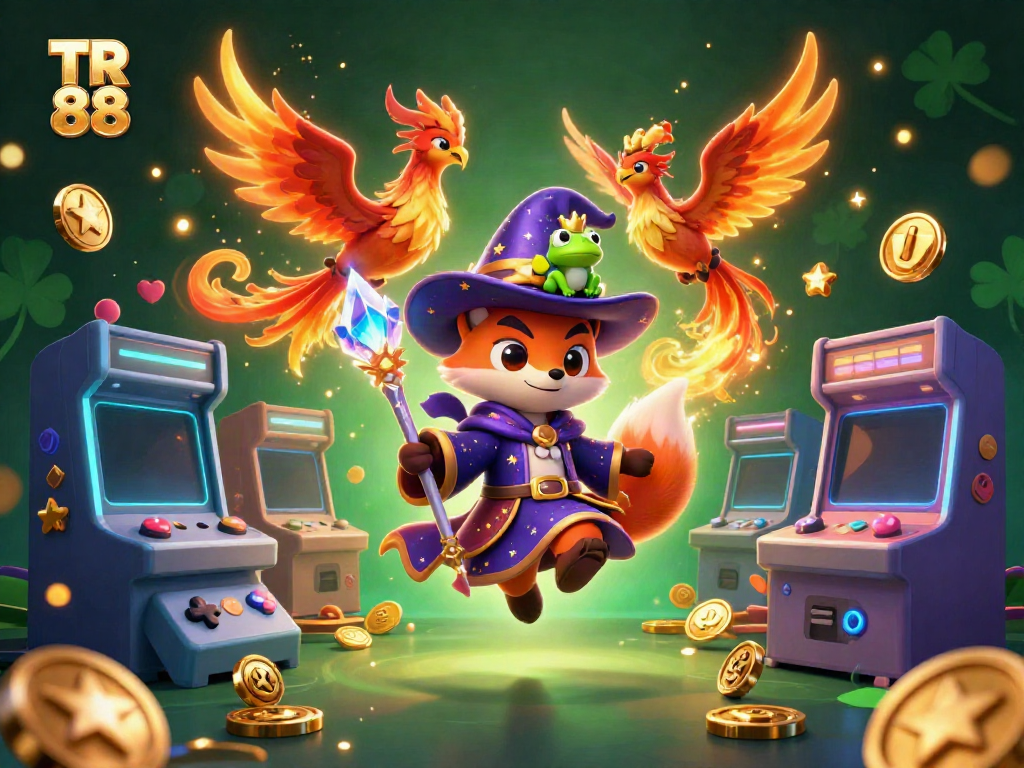 Engage in thrilling games at TR 88 with a mystical wizard fox and vibrant casino elements.