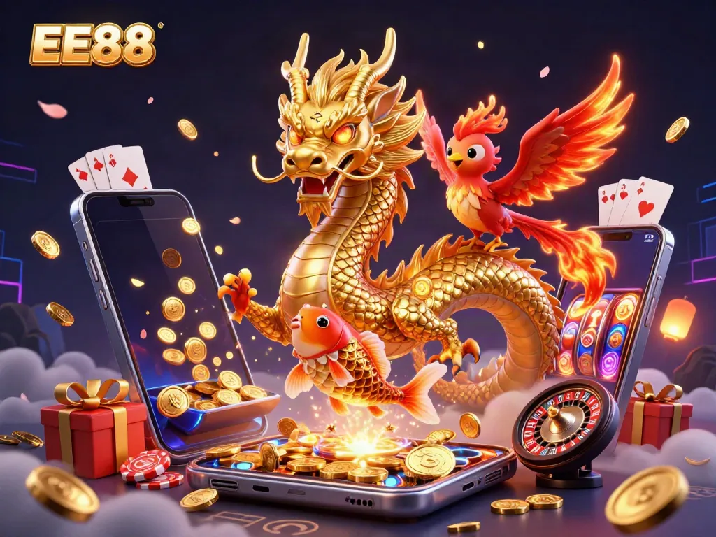 Experience EE88 with a fierce dragon, phoenix, and koi fish in an immersive casino scene