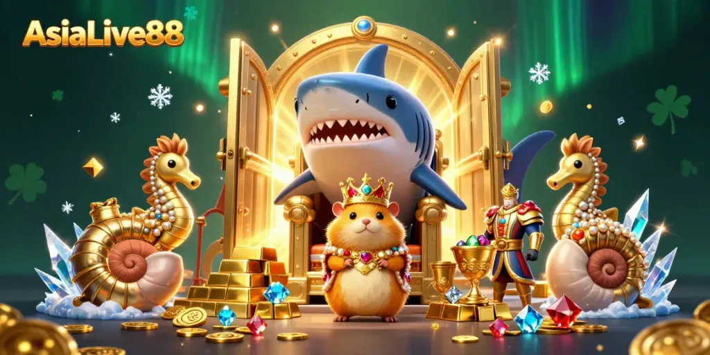 Experience the excitement of AsiaLive88 with a dynamic 3D casino scene featuring gold treasures and royal characters.
