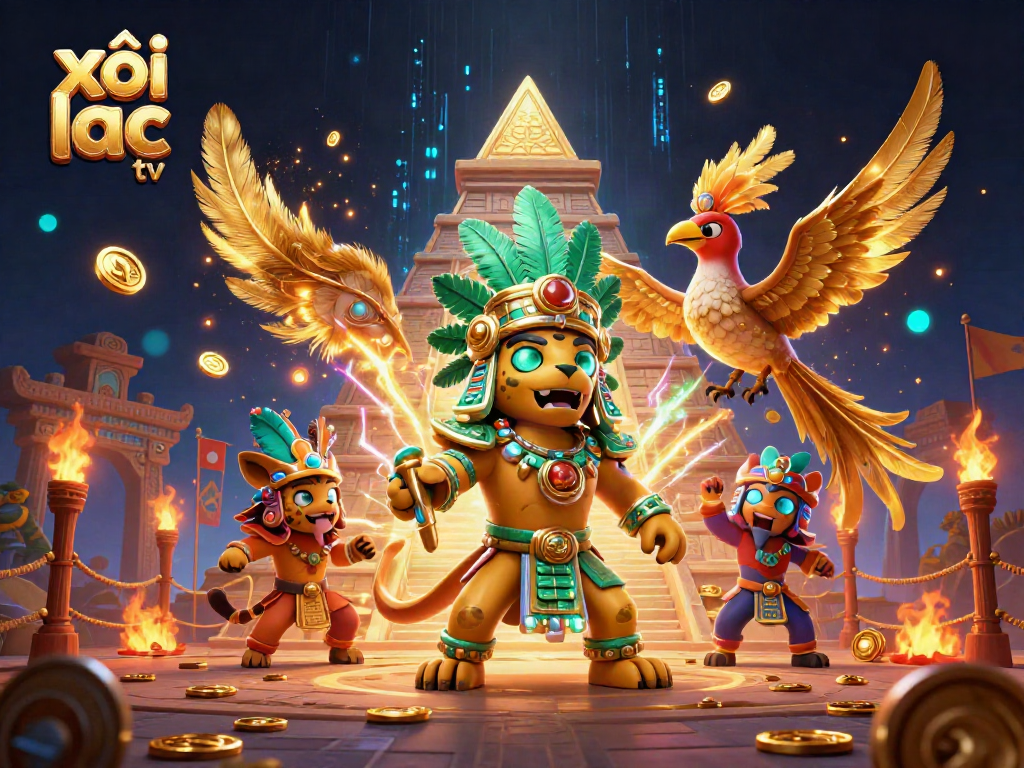 Xôi lạc tv features a vibrant 3D illustration showcasing Mayan priest characters among dynamic casino elements, perfect for online betting excitement.