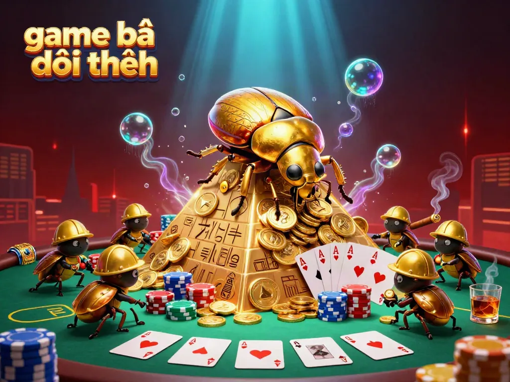 Experience exciting game bài đổi thưởng with golden beetles rolling coins and vibrant poker scenes.