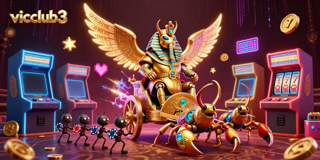 Experience the excitement of vicclub3 with a vibrant 3D casino-themed illustration featuring a golden scarab beetle.