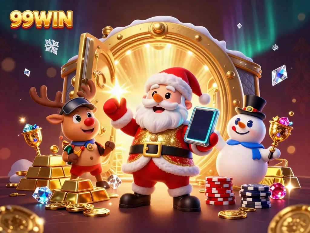 Experience the excitement of winning big with 99WIN in a vibrant casino scene featuring festive elements.