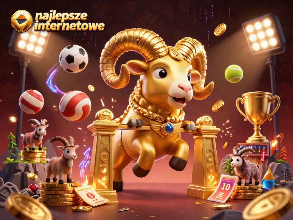 Experience the best online casinos with the massive golden ram charging through golden gates amidst sports elements.