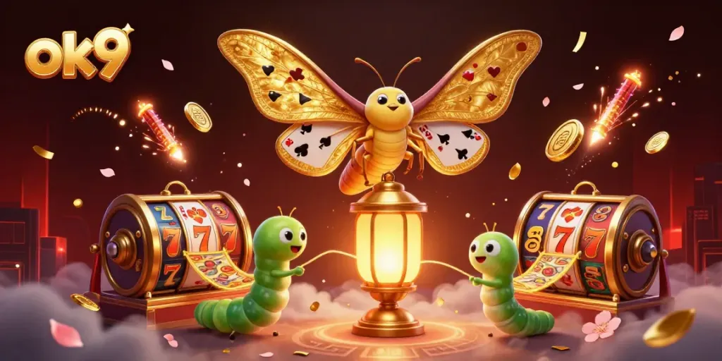 Spin the reels of fortune with ok9, a vibrant 3D digital illustration showcasing casino magic.