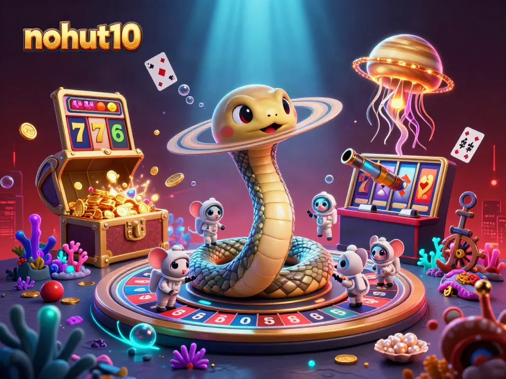 Play exciting slots with nohut10 in a vibrant 3D casino scene featuring cosmic elements.