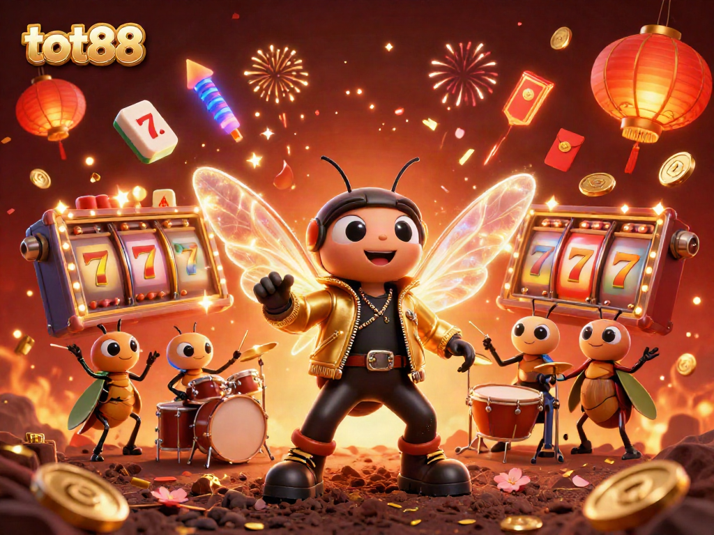 Experience the thrill of tot88 with a vibrant 3D casino scene featuring a rock star cicada and lively game elements.