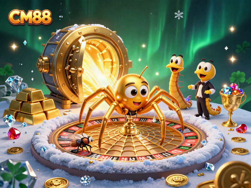 CM88 captivates players with a golden spider and croupier in a dazzling casino scene.
