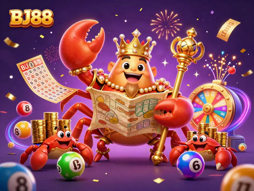 BJ88's golden crab emperor surveys a vibrant casino scene filled with lottery balls, confetti, and treasure.