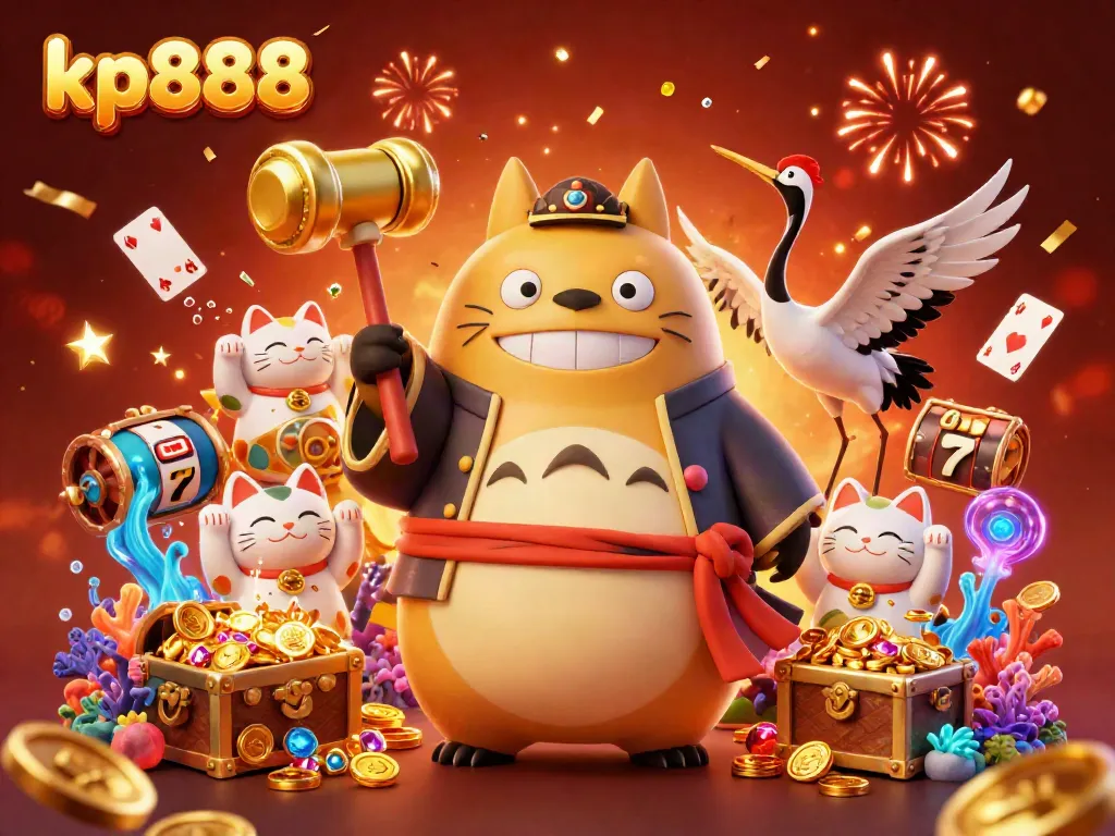Experience the excitement of kp888 as the cheerful tanuki and friends celebrate with vibrant casino elements in a rich scene.