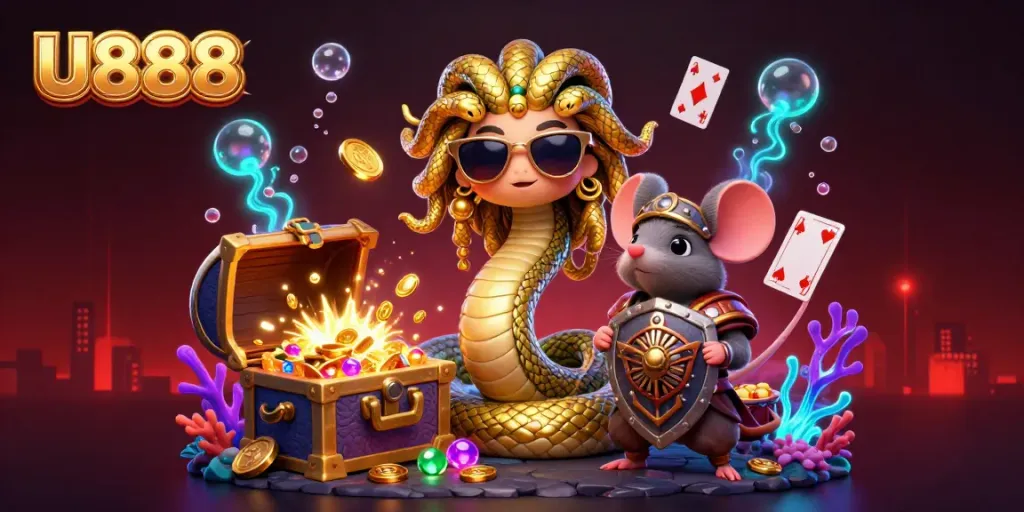 Play exciting casino games with U888 and experience golden opportunities with Medusa and her warrior friend in a vibrant underwater setting.