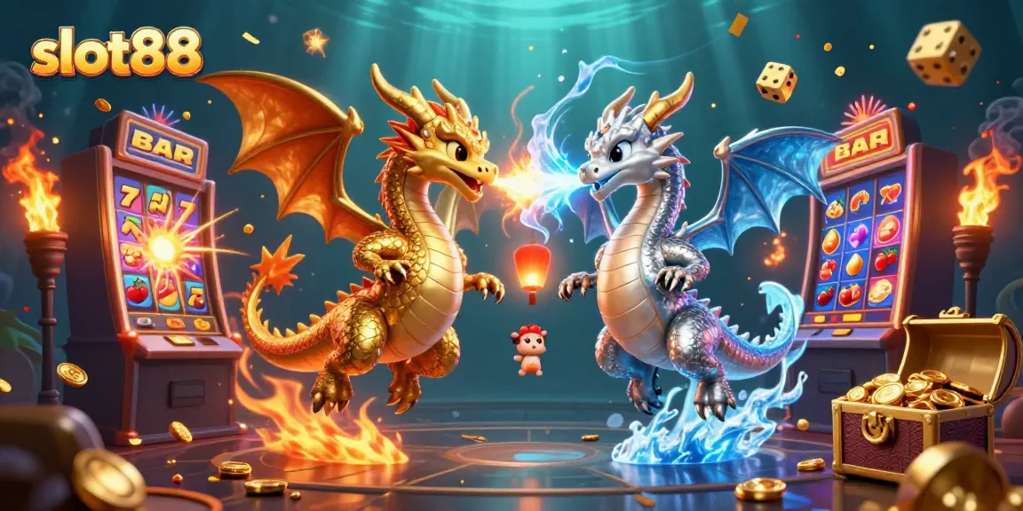 Slot88 menampilkan dua naga 3D terbang bersamaan di depan mesin slot yang meletupkan koin jackpot.