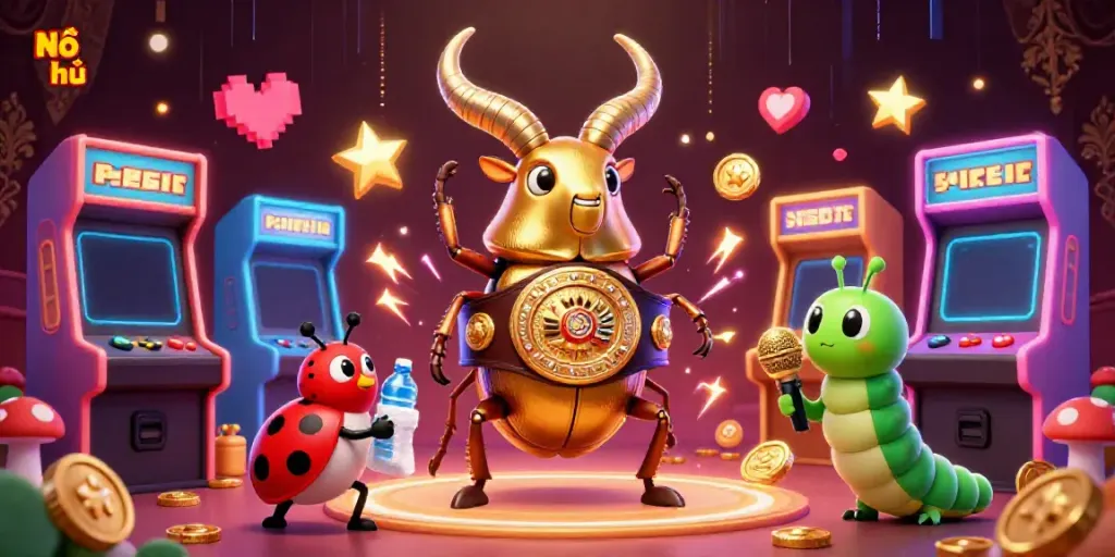 Engage with Nổ hũ as a vibrant 3D casino scene featuring a golden beetle boxing with neon arcade games.