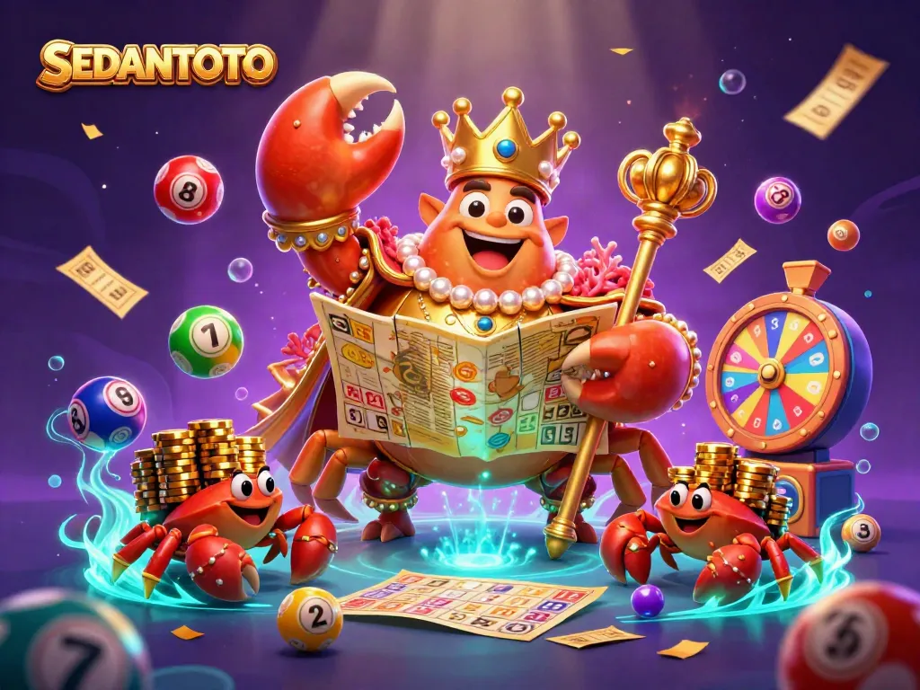 Engage with SEDANTOTO through a vibrant illustration of a majestic crab emperor amidst colorful casino elements.
