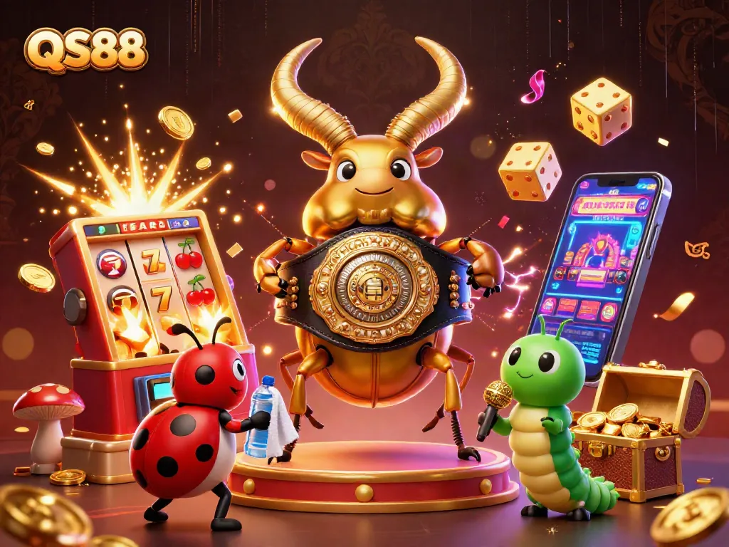 Experience the thrill of QS88 slots as the golden stag beetle champion faces exciting gaming elements.