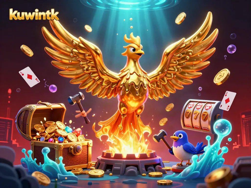 Kuwintk interactive casino illustration with a golden phoenix, poker elements, and rich colors