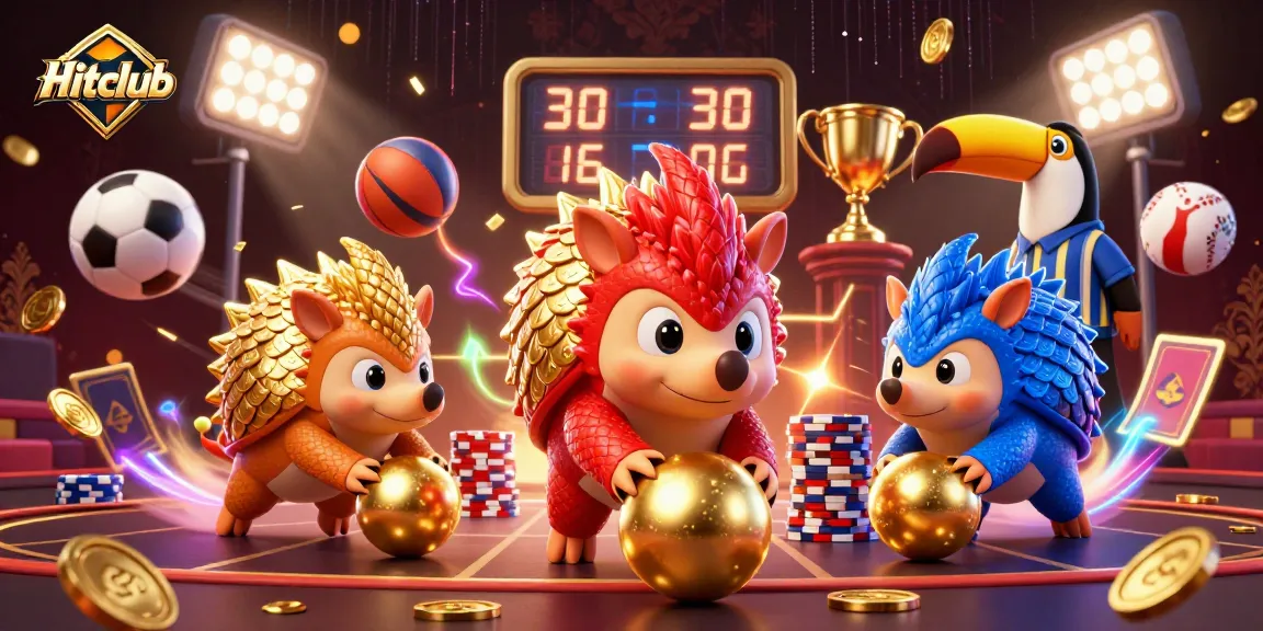 Engage with Hitclub's dynamic gambling scene featuring rival pangolins bowling through poker chips.