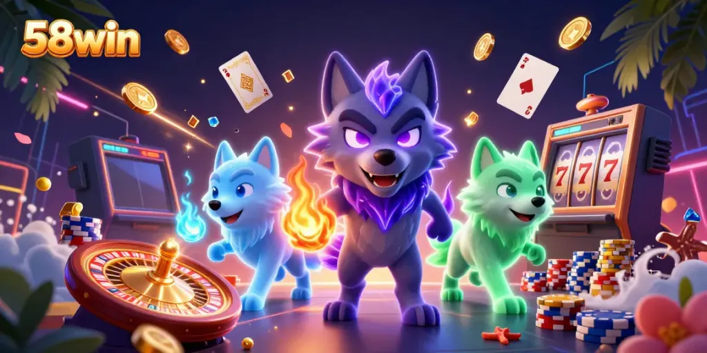 Engage with 58win's thrilling casino adventures featuring unique 3D wolf characters and dynamic gaming elements.