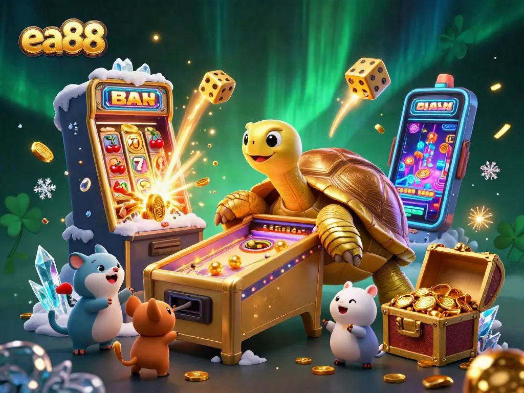 Spin and win with ea88 in this vibrant 3D casino delight featuring golden tortoise and jackpot.