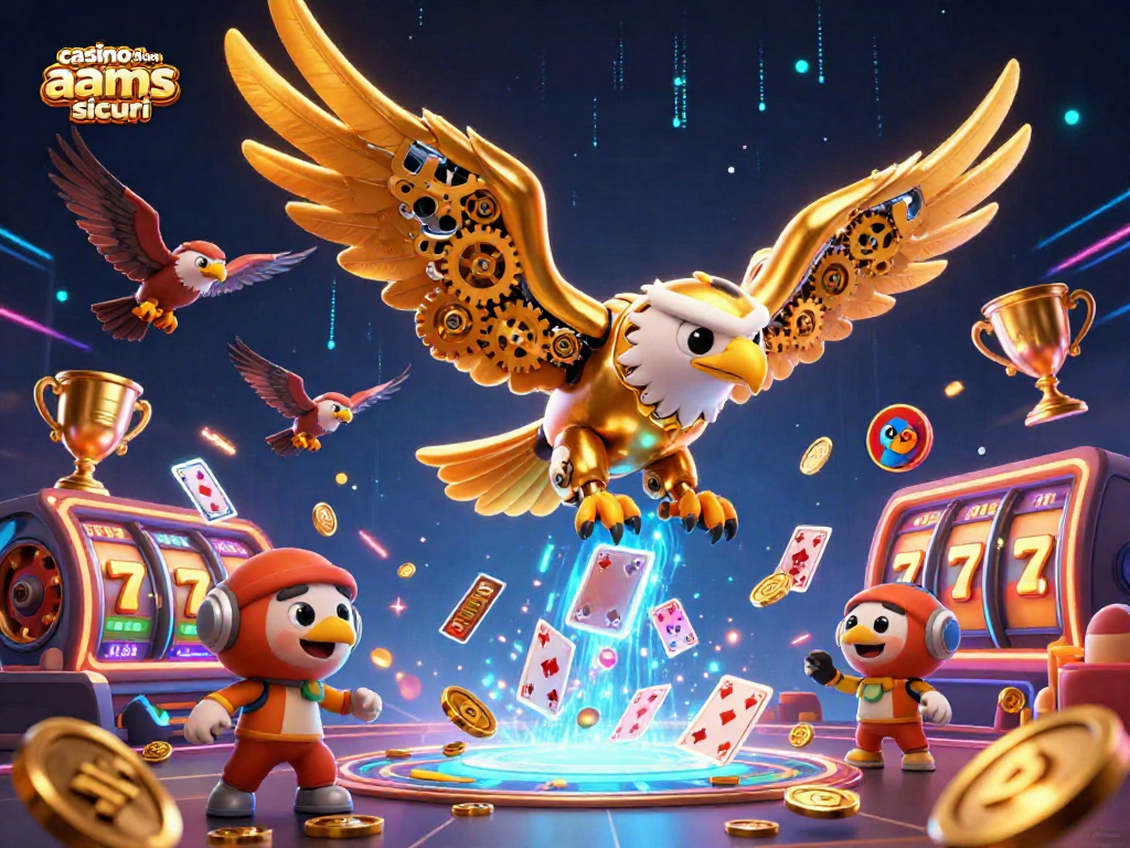 Un'esplosiva scena del casinò con un'aquila robotica e giochi d'azzardo con "casino non AAMS sicuri".