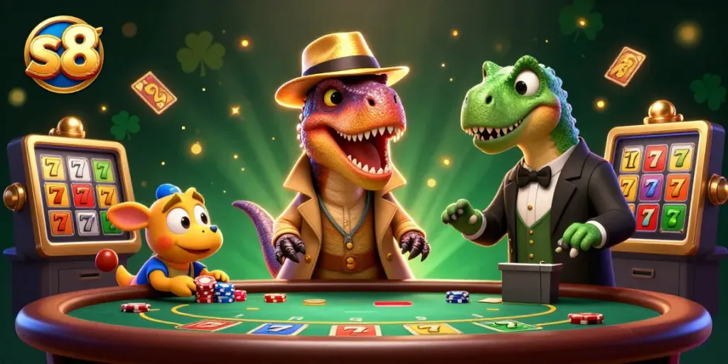 Experience thrilling wins at S8 with a cartoon velociraptor, pit boss, and pickpocket in the casino.