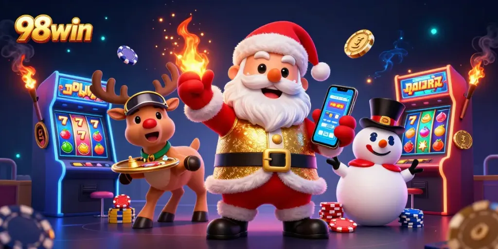 Experience the action at 98win with Santa, his reindeer, and a snowman in an energetic casino scene.