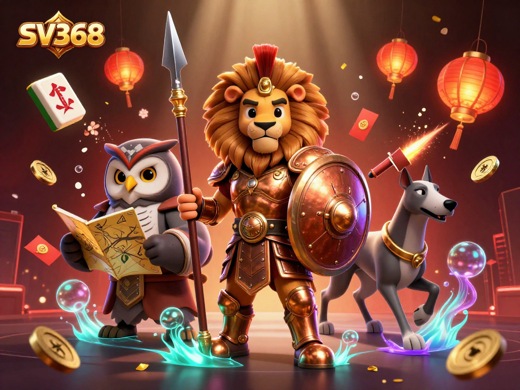 Experience thrilling gaming at SV368 with cartoon characters and vibrant 3D casino elements.