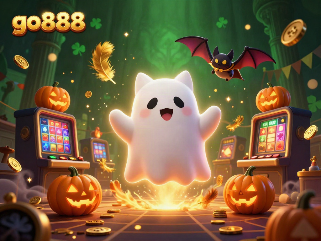 Engage with the go888 haunted casino experience featuring a ghost cat and bat.