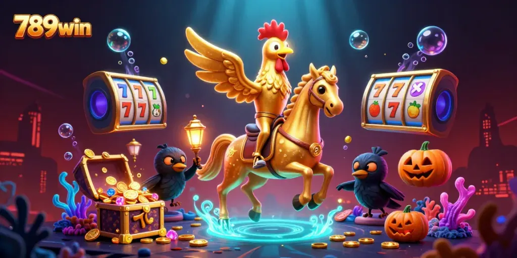 Experience thrilling gaming action with the 789win golden rooster roaring amidst a vibrant casino.