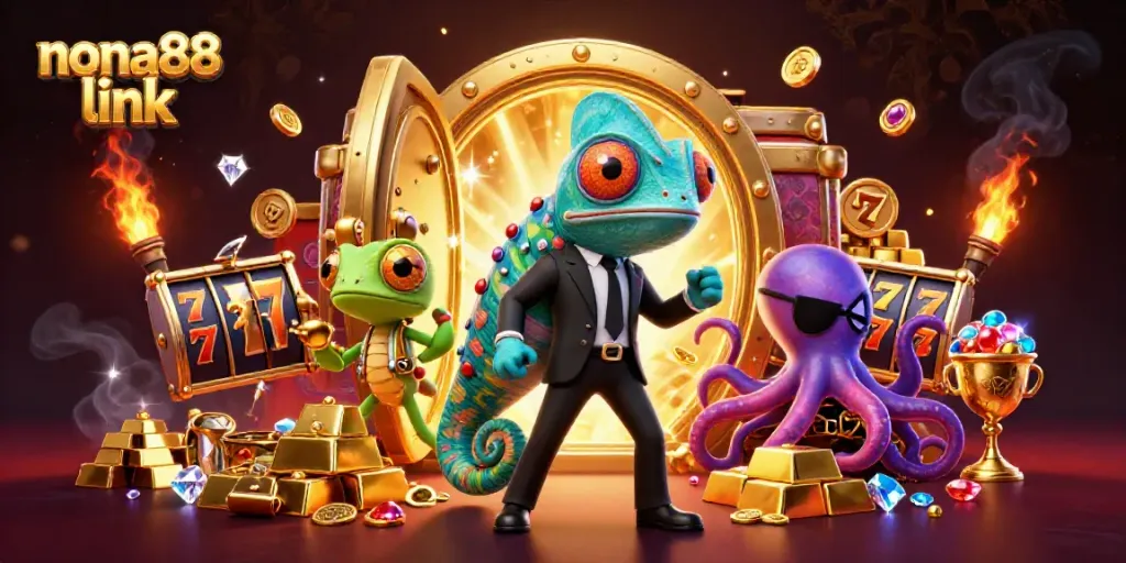 Experience the excitement of the nona88 link with a dynamic casino-themed illustration featuring thrilling elements.