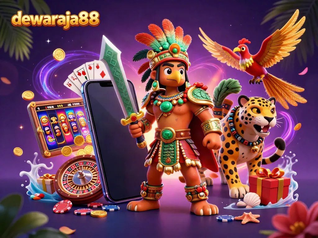 Mengakses dewaraja88 melalui ilustrasi slot digital dengan karakter Aztec dan fitur permainan berwarna-warni.