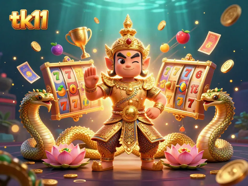 Engage with tk11 in a vibrant casino scene featuring golden guardian characters and dynamic slot elements.