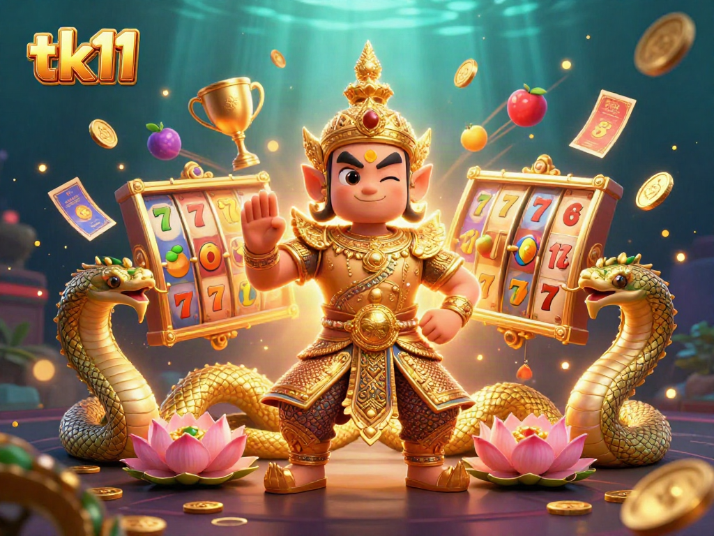 Engage with tk11 in a vibrant casino scene featuring golden guardian characters and dynamic slot elements.