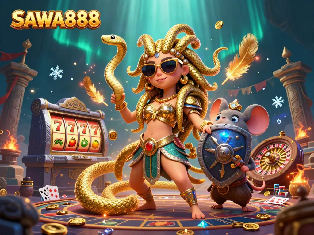 Engage with the thrilling SAWA888 gaming experience featuring a Medusa and a warrior mouse in a vibrant casino.