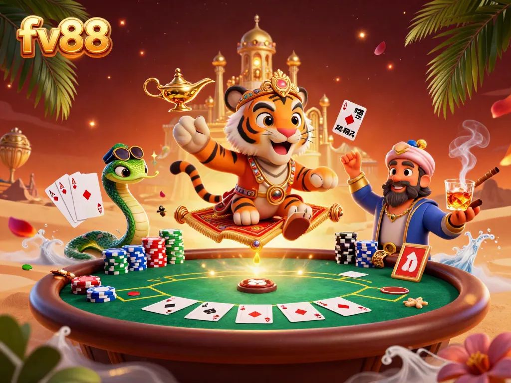 Experience the excitement of fv88 with a stunning Arabian Nights-themed casino scene featuring dynamic game elements and vibrant characters.