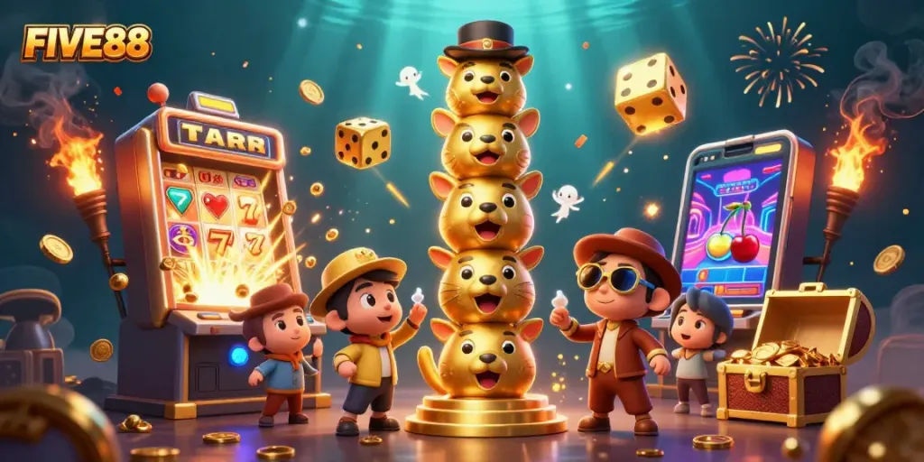 Experience the excitement of FIVE88 with vibrant casino-themed elements and engaging gameplay visuals.