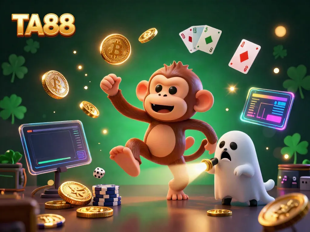 Engage with TA88's thrilling 3D casino adventure featuring a playful ghost monkey and curious puppy.