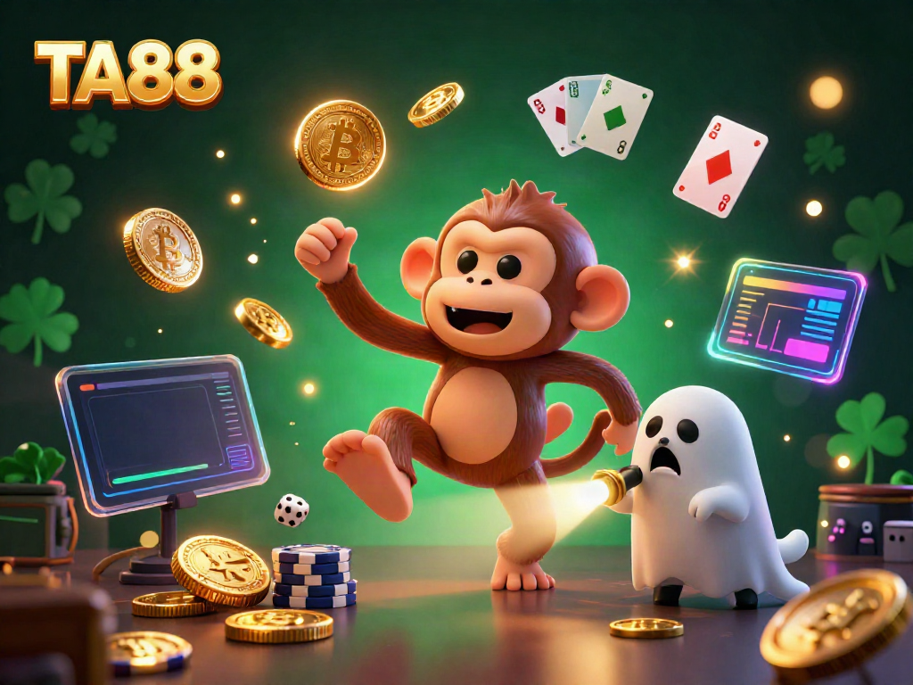 Engage with TA88's thrilling 3D casino adventure featuring a playful ghost monkey and curious puppy.