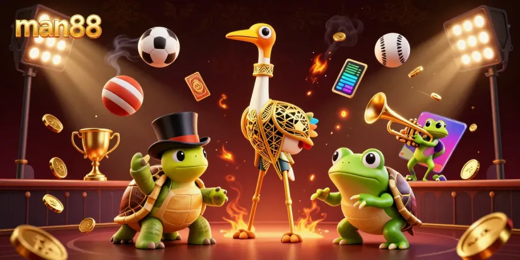 Engage thrillingly with man88's diverse games, showcasing energetic characters in a luxurious casino scene.