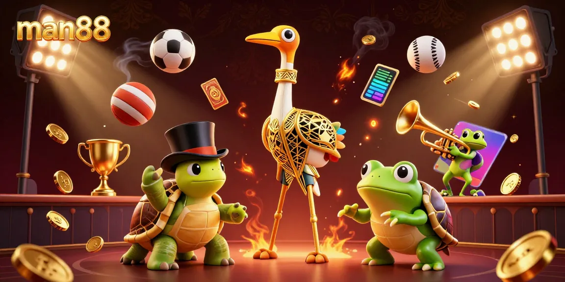 Engage thrillingly with man88's diverse games, showcasing energetic characters in a luxurious casino scene.
