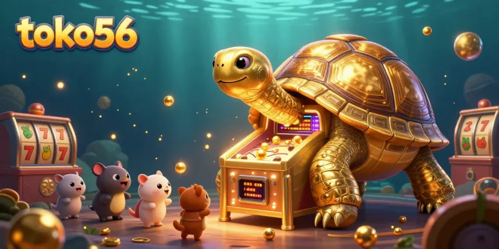 Experience thrilling moments with toko56's lively slot gaming illustration featuring a golden tortoise and vibrant game elements.