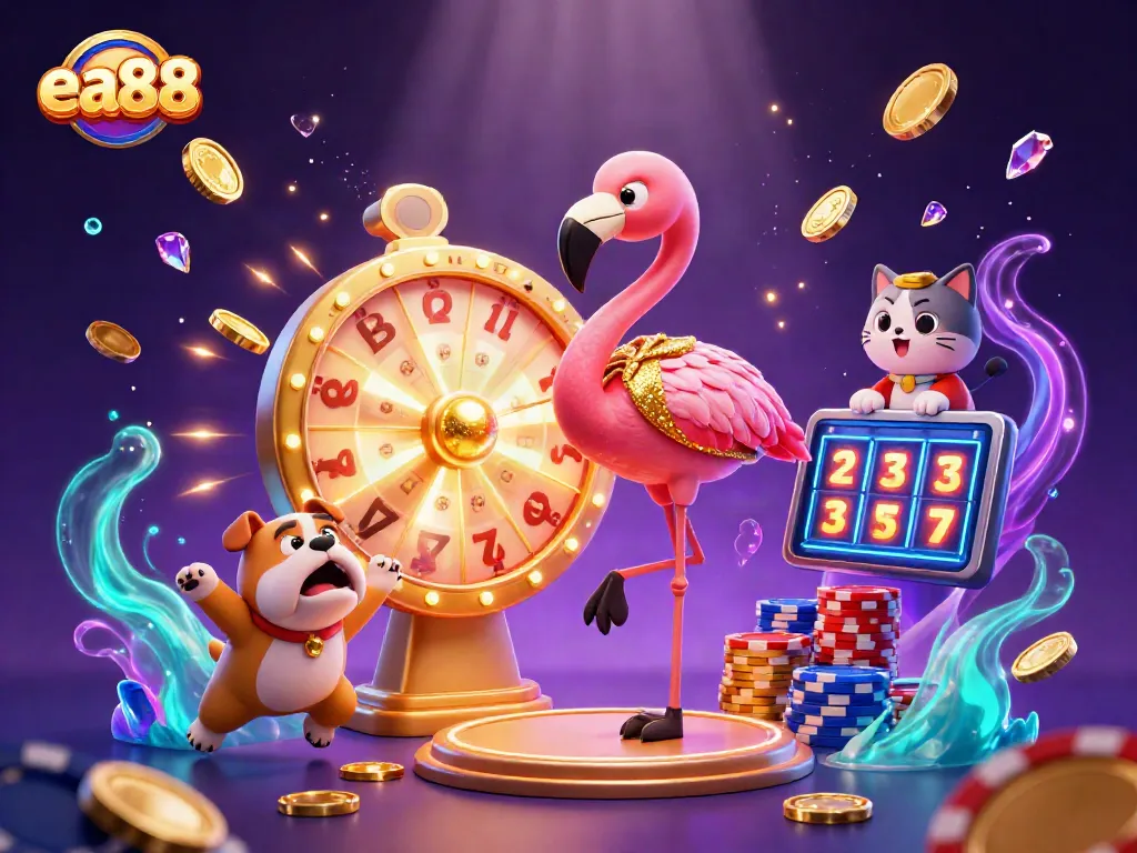 Experience the excitement of ea88 as animated characters spin the prize wheel and celebrate wins in this vibrant casino scene.
