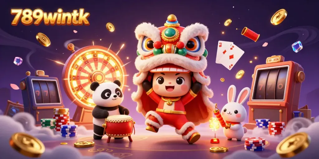 Experience excitement at 789wintk with joyful characters dancing amid casino elements.