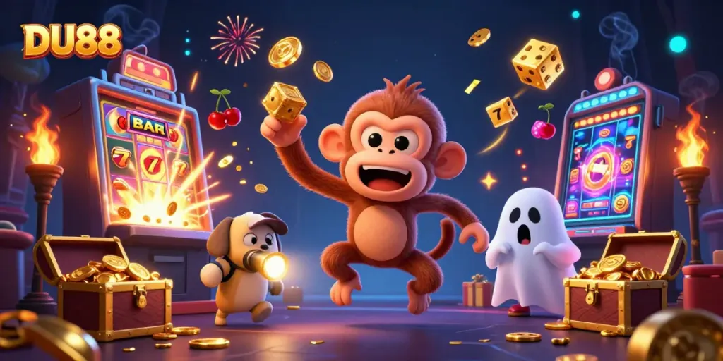 Engage with DU88's spooky casino scene featuring a mischievous poltergeist monkey and a curious ghost-hunter puppy.