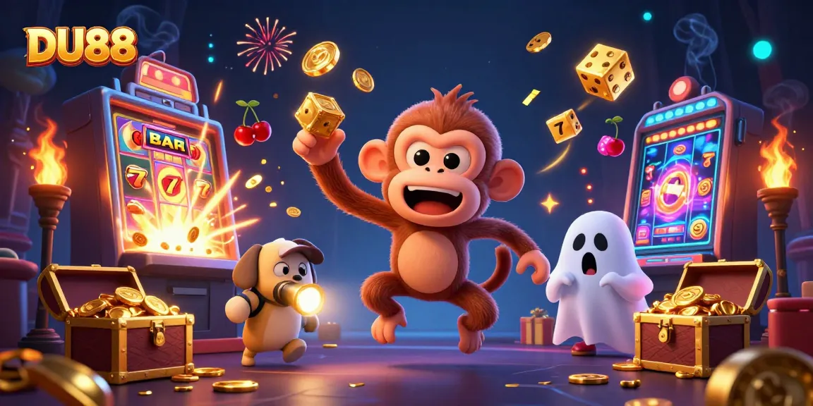 Engage with DU88's spooky casino scene featuring a mischievous poltergeist monkey and a curious ghost-hunter puppy.