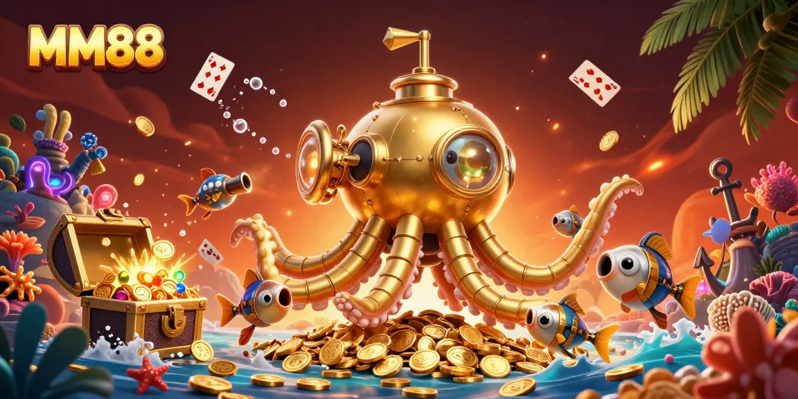 Experience MM88 dynamics with the golden kraken submarine amidst coins and gems, capturing the thrill of gaming.
