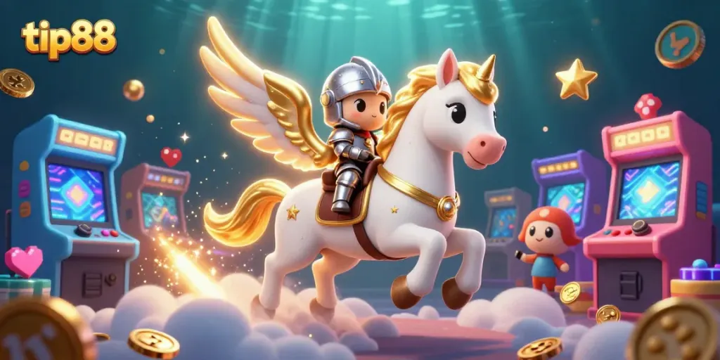 Experience the thrills of tip88 with the knight and celestial horse in a vibrant casino adventure.