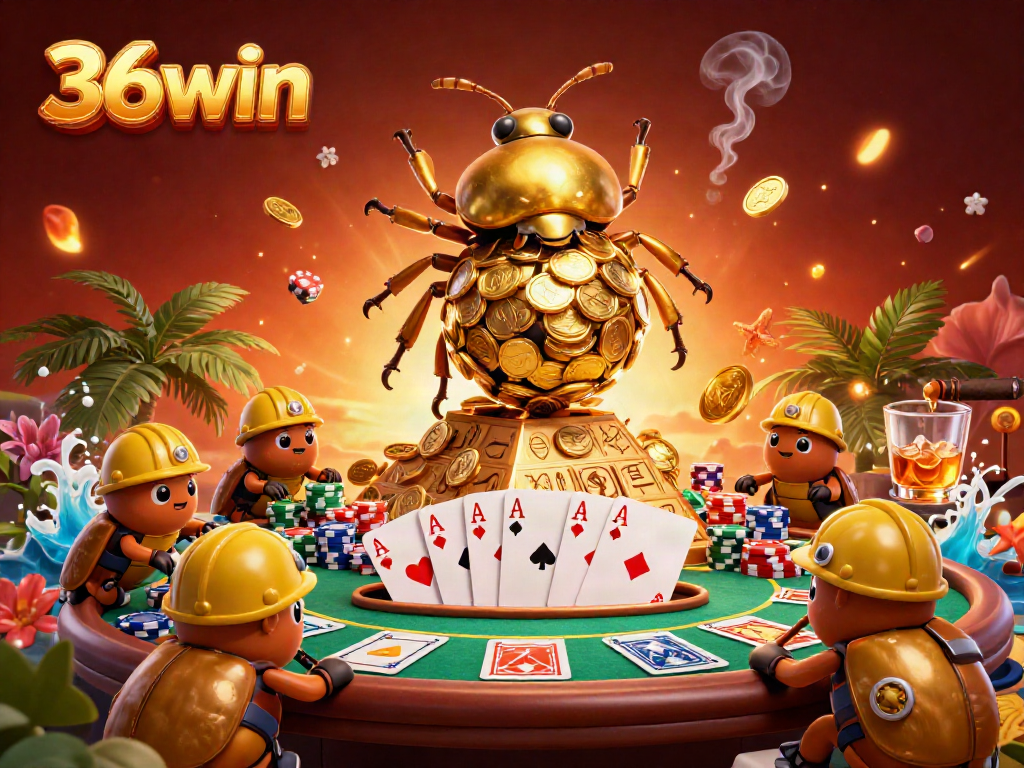 Experience thrilling gameplay with 36win and a massive golden beetle rolling coins, poker elements, and vibrant casino atmosphere.