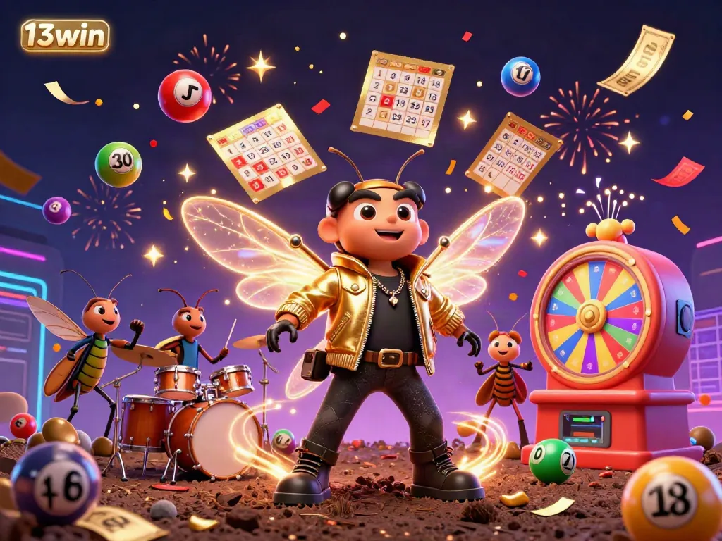 Engage with 13win's vibrant casino scene with a rock star cicada and lucky lottery elements.